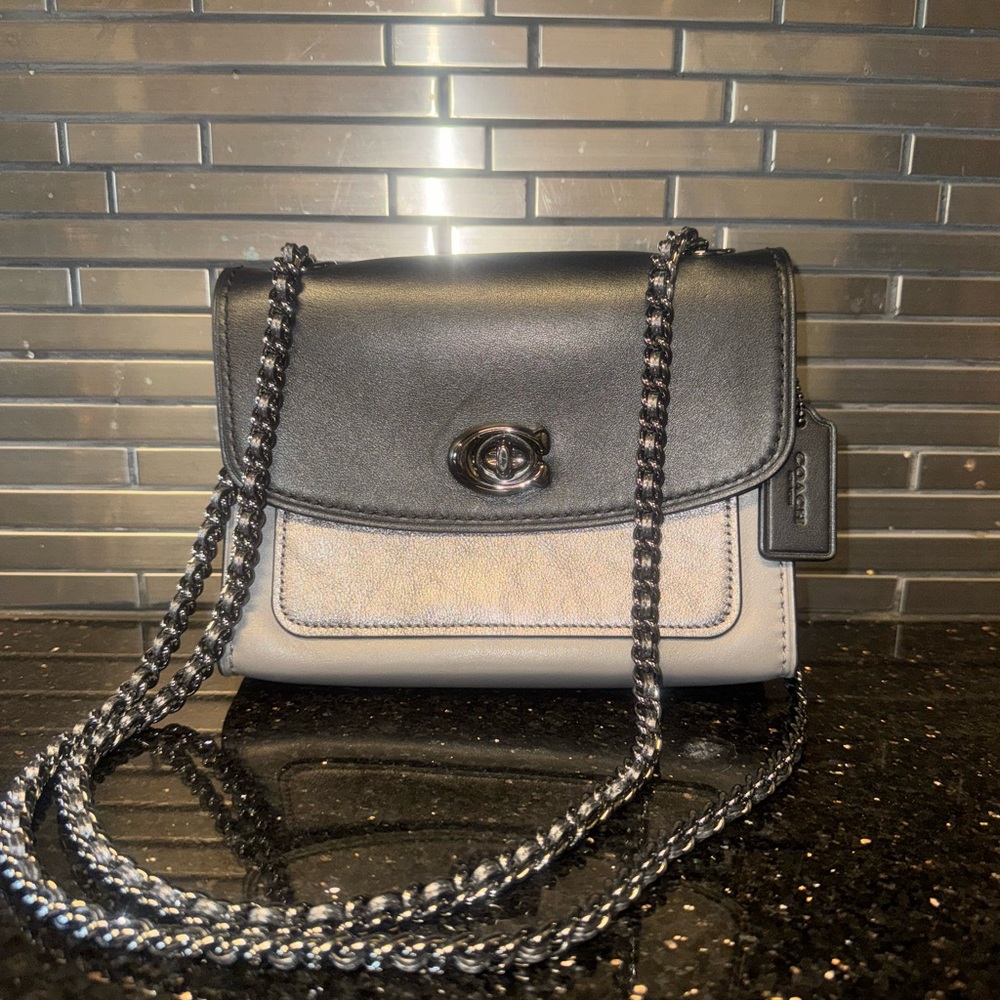 COACH Two-Tone Leather Chain Shoulder or Crossbody Bag - Black and Gunmetal Gray
